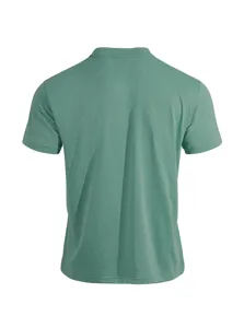 Men's casual short sleeve henley t-shirt back view detail showing solid green fabric.