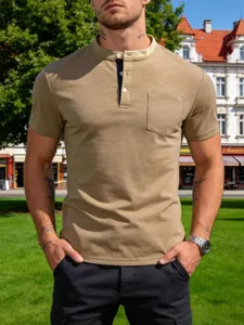 Men's Casual Stand Collar Henley T-Shirt Short Sleeve Cotton Blend Slim Fit Solid Color Summer Top With Chest Pocket