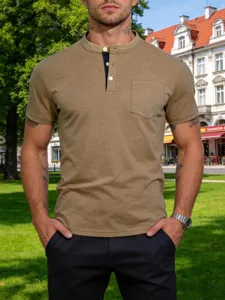 Mens casual short sleeve henley t-shirt with pocket summer basic top fashion wear