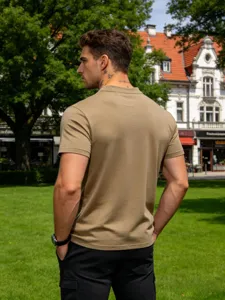 Detail view of a classic men's short sleeve t-shirt in khaki, stylish casual wear for summer.