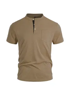 Men's short sleeve casual henley shirt with button placket and chest pocket detail.