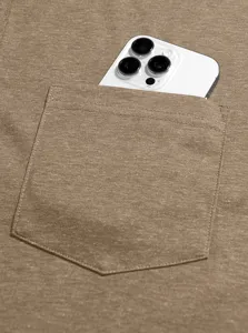 Men casual shirt chest pocket close-up brown soft fabric texture display holding phone
