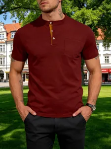 Men's casual henley short sleeve t-shirt with chest pocket, stand collar, and buttons.