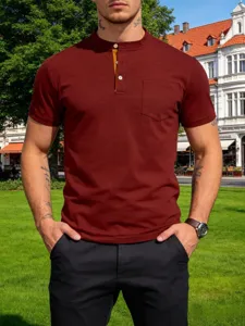 Men casual solid color short sleeve henley t-shirt with chest pocket and stand collar.