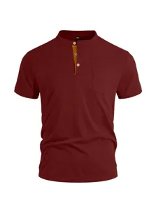 Men's burgundy Henley t-shirt detail showing front button placket and chest pocket design.