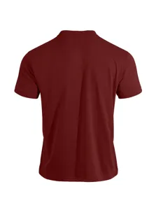 Men's solid burgundy short sleeve casual t-shirt, clean back detail view for summer wear.