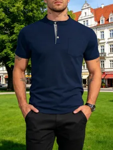 Men short sleeve henley shirt casual solid color slim fit top with chest pocket blue.