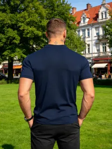 Men's solid dark blue short sleeve casual t-shirt, comfortable slim fit top for summer.