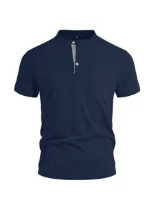 Men's navy blue short sleeve henley t-shirt detail showing button placket and chest pocket.
