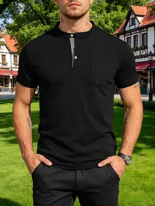 Men's black short sleeve henley t-shirt with chest pocket and button placket casual top