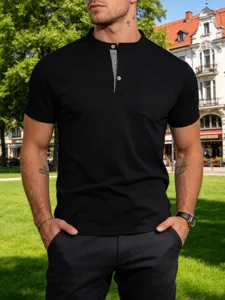 Men's short sleeve black Henley shirt with stand collar, button placket and chest pocket detail.