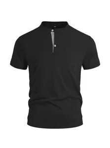 Men's casual solid black short sleeve Henley T-shirt with stand collar and chest pocket.