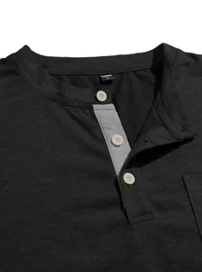 Close up view of men casual solid color henley collar short sleeve t shirt with pocket.