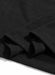 Close-up view of black short sleeve t-shirt fabric texture and fine stitching details.