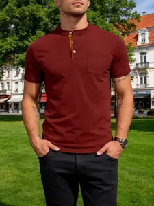 Men's short sleeve henley t-shirt with pocket casual solid color slim fit summer top