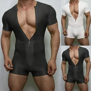 Men's Short Sleeve Bodysuit Deep V Zipper High Stretch Knitted Slim Fit Clubwear Top
