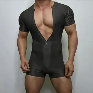 Men Short Sleeve Bodysuit Deep V Zipper Slim Fit Nightclub Romper Stretch Jumpsuit