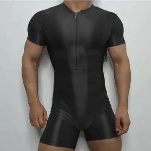 Men short sleeve shiny black bodysuit with zip front high elastic slim fit clubwear outfit