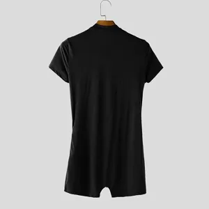 Men's black short sleeve one-piece bodysuit slim fit knitted clubwear jumpsuit for everyday