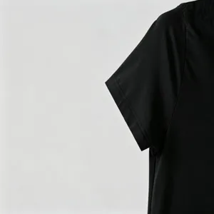 Close-up detail of black short sleeve knit top showing neat stitching and elastic fabric texture.