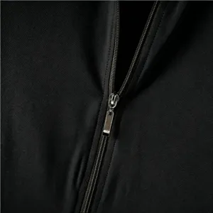 Men's deep V zip-up knit bodysuit detail close-up, high stretch black fabric apparel.