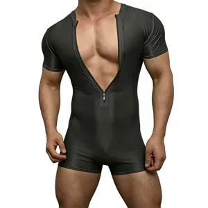 Men's short sleeve deep V-neck zip bodysuit slim fit clubwear party outfit detail view.