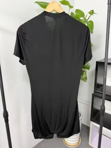 Men's short sleeve slim fit bodysuit detail view, high elastic knitted fabric for party.