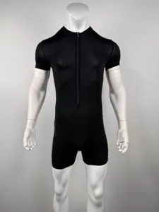 Men's black short sleeve front zip bodysuit detail shot, slim fit high elasticity fabric.