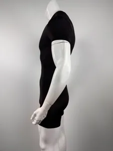 Men's black short sleeve onesie detail, slim fit knitted bodysuit side view display.