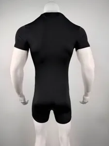 Back detail view of the black short sleeve tight men bodysuit, premium stretchy knit fabric.