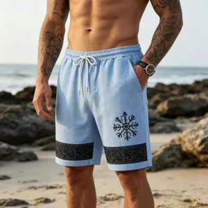 Men's light blue linen-blend beach shorts with Viking totem print and drawstring waist.