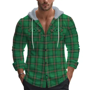 Men's green plaid hooded flannel shirt jacket casual long sleeve button down top autumn winter.