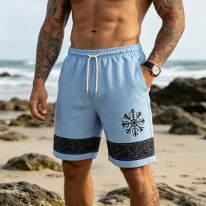 Men's light blue casual beach shorts with viking rune print and adjustable elastic drawstring.