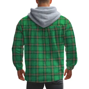 Men vintage green plaid hooded flannel shirt casual long sleeve winter jacket top