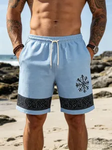 Men's light blue linen-feel beach shorts with elastic drawstring waist and Viking totem print.