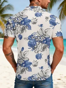 Men's casual blue and white floral Hawaiian shirt short sleeve beach resort shirt top.