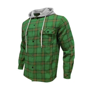 Men's green plaid flannel hooded shirt casual long sleeve button down jacket with pockets