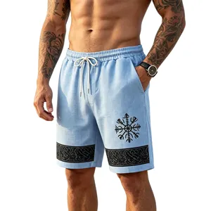 Detailed shot of men light blue casual linen shorts with Viking totem print and drawstring.