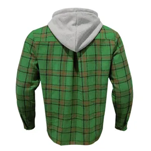 Men's retro hooded flannel plaid shirt back view showcasing cozy green check fabric and grey hood.
