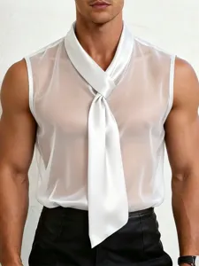Heren mouwloze transparante mesh top met satijnen stropdas kraag sexy clubwearhemd