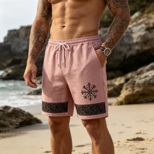 Men's linen blend beach shorts detail showing elastic drawstring waist and Viking rune print.