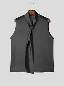 Heren Zwarte Satijn Transparante Mesh Strik Kraag Mouwloze Tanktop Sexy Clubwear Top