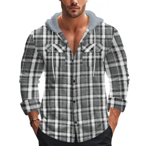 Men's plaid hooded flannel shirt detail, featuring dual chest pockets and drawstring hood.
