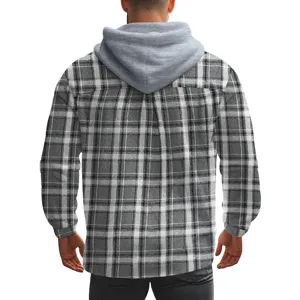 Men's American retro gray plaid hooded flannel shirt, casual autumn winter long sleeve jacket.