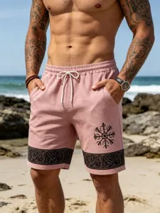 Mens casual pink linen-look beach shorts featuring Viking totem print and adjustable drawstring waist.