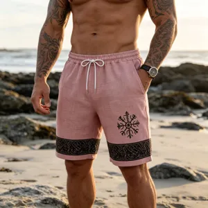 Men's casual linen-blend beach shorts featuring Viking totem print, elastic drawstring.
