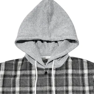 Detail view of men vintage plaid hooded flannel shirt with drawstring collar casual jacket