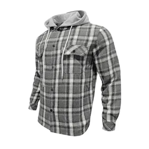 Men's grey plaid hooded flannel shirt, casual long sleeve button down outer jacket.