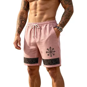 Men's casual linen-feel beach shorts with elastic drawstring waist and Viking print details.