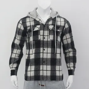 Detail view of mens vintage plaid hooded flannel shirt casual winter outerwear jacket.